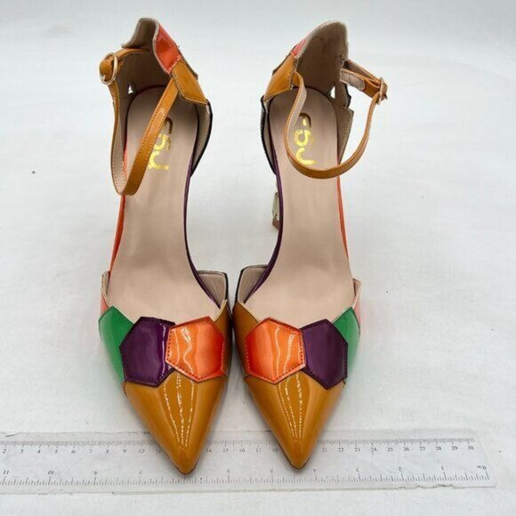 FSJ Golden Shiny Crystal Heel Colorful Pointed Toe High Heel Ankle Strap Sandals - Picture 3 of 8